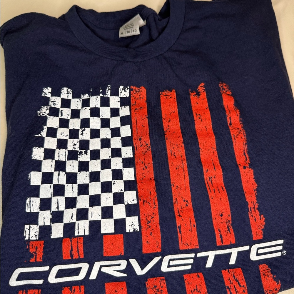 Blue and Red Short Sleeve Tee with Racing Flag Design